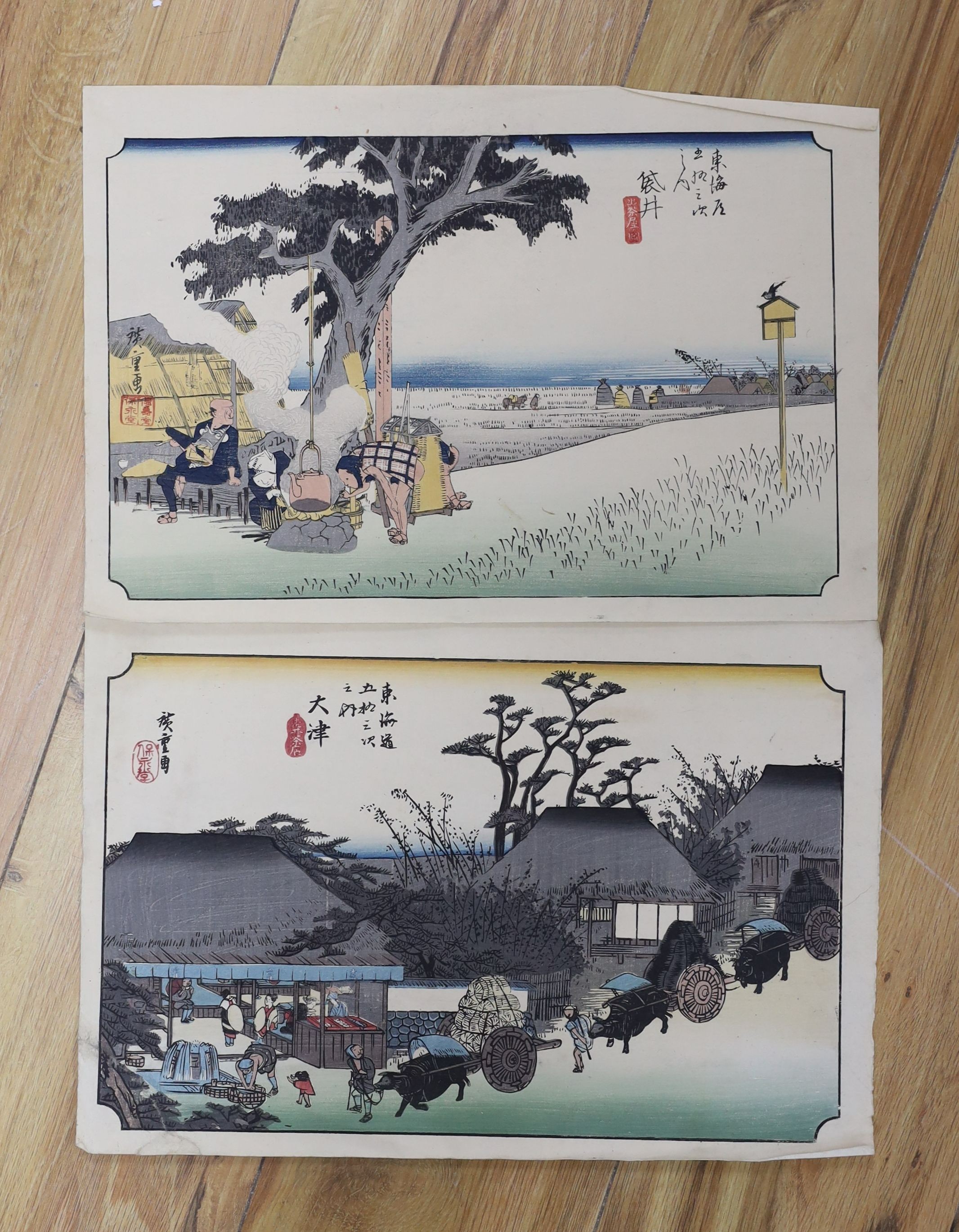 Hiroshige, two woodblock prints, Stations of the Tokaido Road, 25 x 37cm, unframed